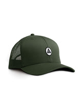 Sutsu Mountain Circle Trucker Cap - army green - sustainable designer baseball caps with circle, triangle and tree badge.