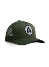 Mountain Circle Topography Trucker Cap - an army green cap with circle, triangle, tree and contour lines Sutsu graphic.