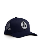 Mountain Circle Topography Trucker Cap - navy blue caps with circle, triangle, tree and contour lines Sutsu graphic.