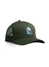 Army green Sutsu Sun & Waves Trucker Cap - sustainable caps featuring an abstract sun and waves graphic badge.
