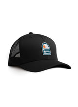 Black Sutsu Sun & Waves Trucker Cap - sustainable caps featuring an abstract sun and waves design.