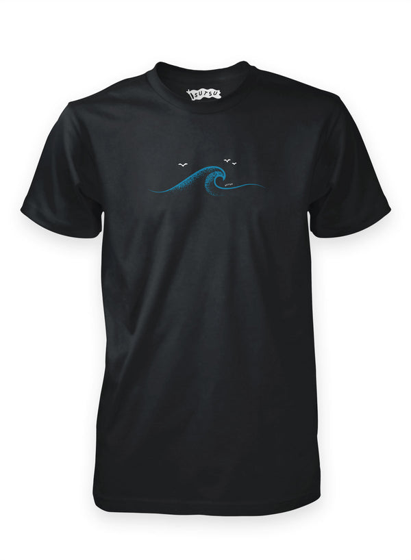 Wave surfing t-shirts in black organic cotton.